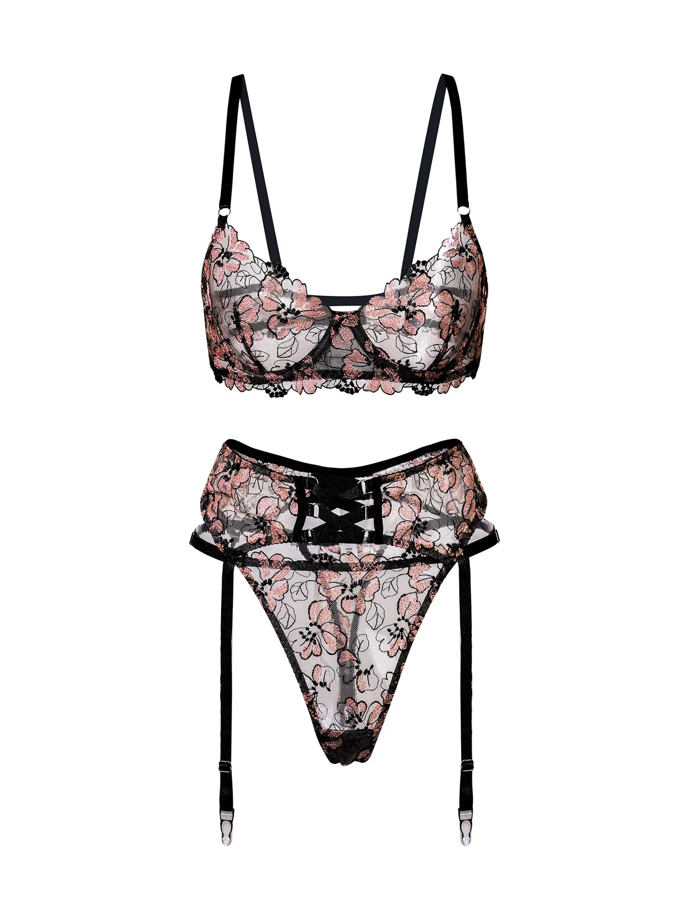 Black& Dustyrose Flowers Lingerie Set