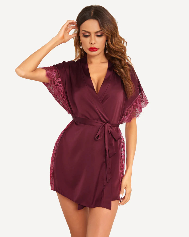 Satin Eyelash Lace Kimono Side Split Silk Robes