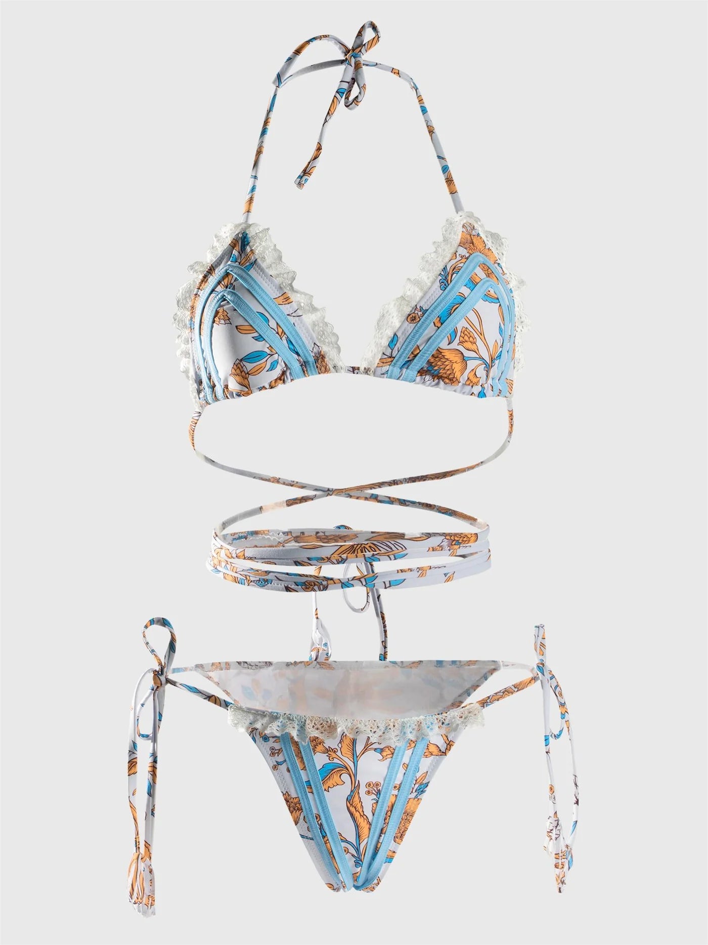 White Floral Sexy Ribbon Panel Lace Ties Printed Bikini set