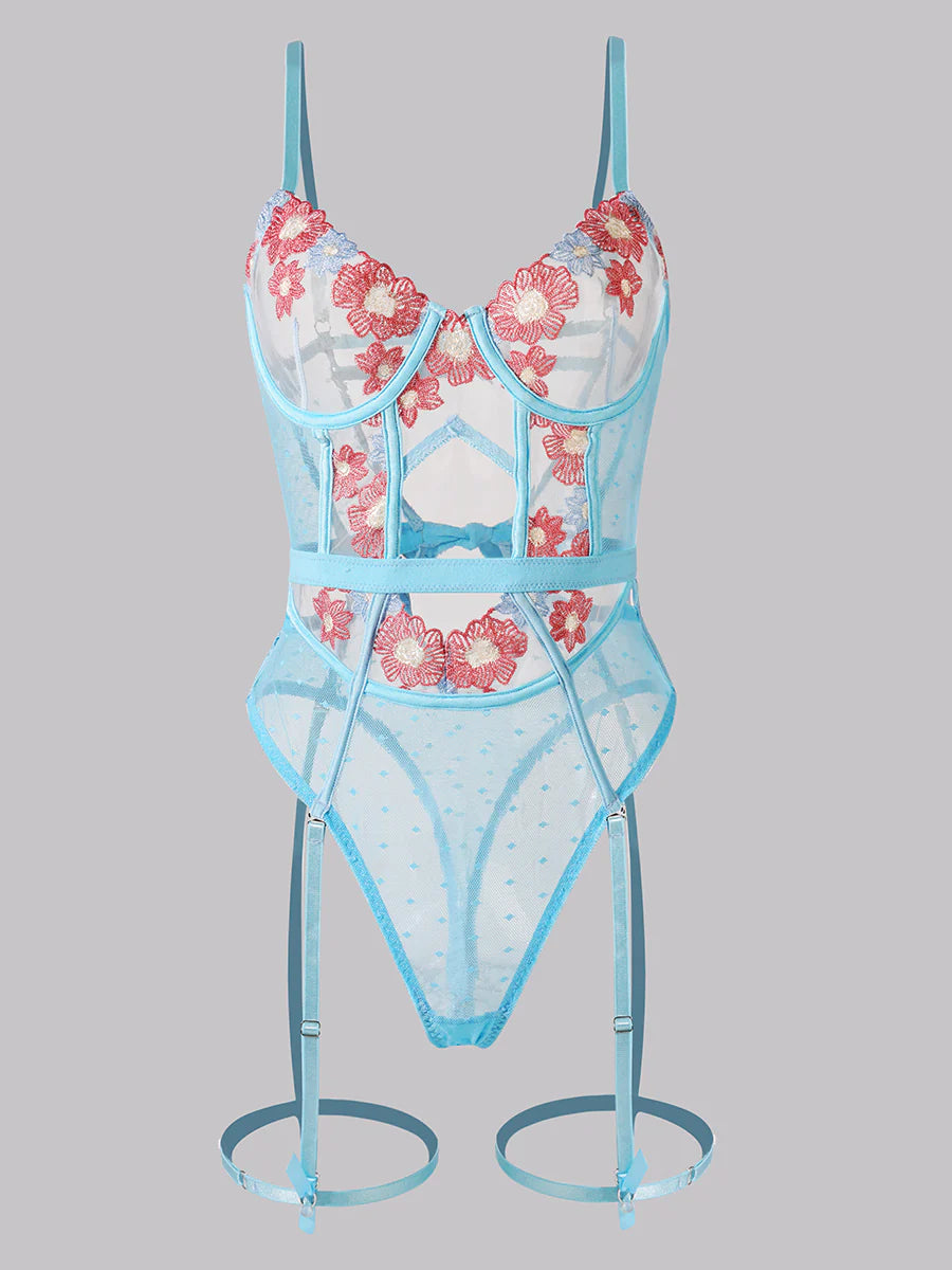 Blue Floral Embroidered Lace Up Teddy Lingerie Bodysuit