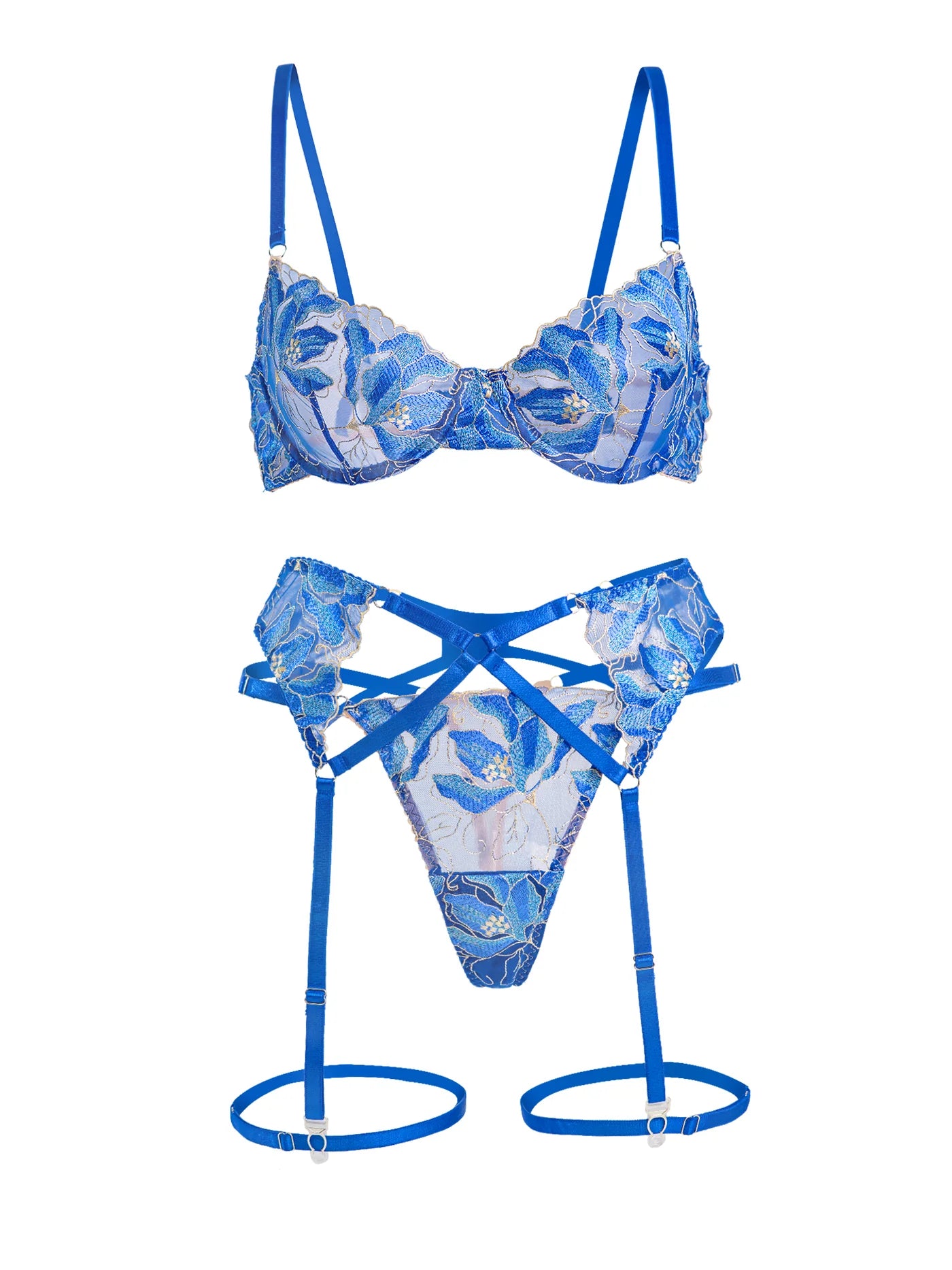 Blue Floral Embroidered Lingerie Set