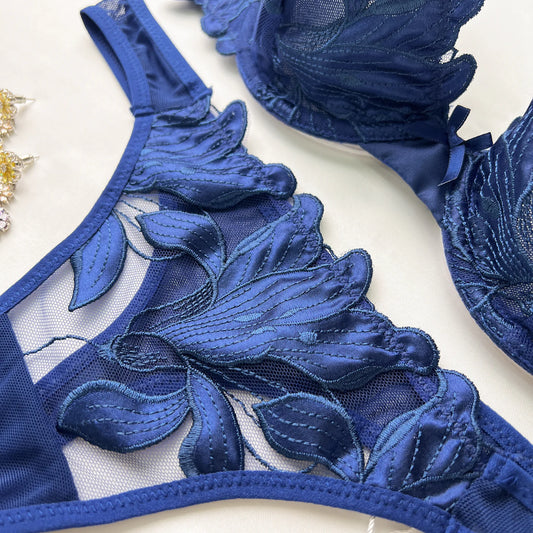 Blue Magic Flower Embroidery Mesh Panty Lingerie Thong