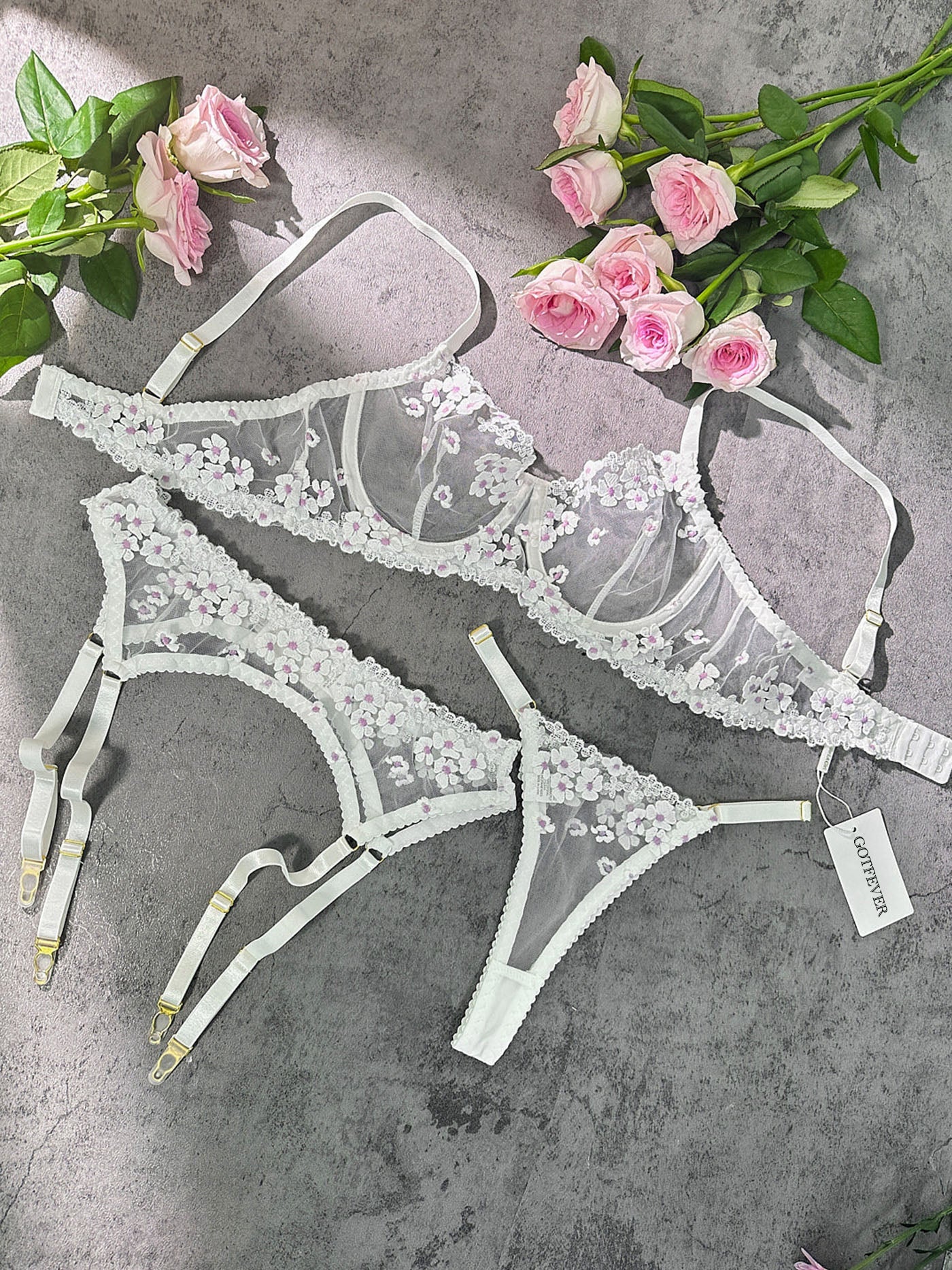 White Cherry Blossoms Sheer Lace Lingerie Set