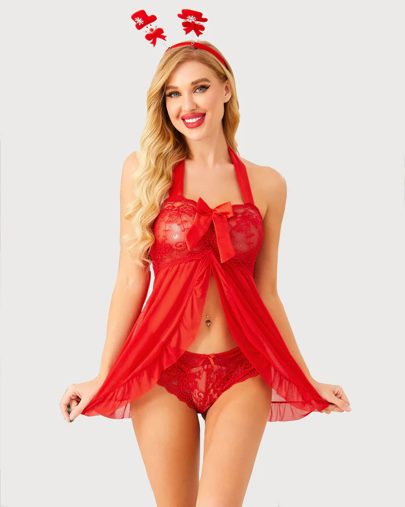 Hot Lace Babydoll Open Front Halter Nighty