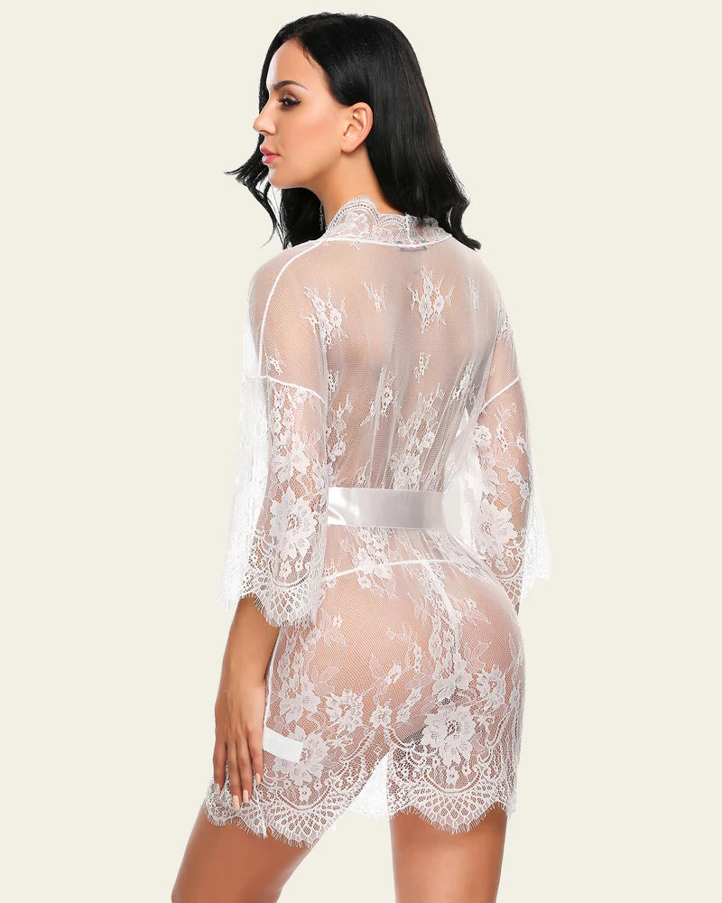 Lace Kimono Robe Lingerie Mesh Nightgown