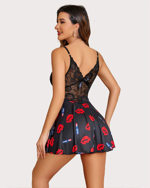 Print Lace Babydoll Full Slip Dress