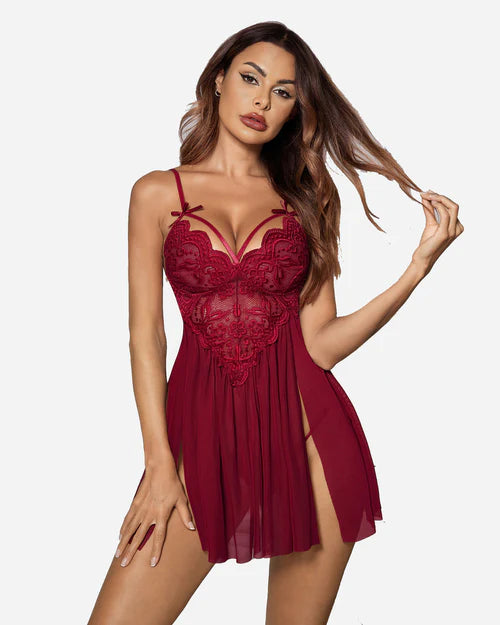 V Neck Lace Babydoll Strap Mesh Side Slit Nighty