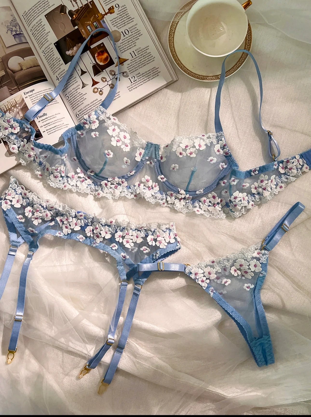 Blue Cherry Blossoms Sheer Lace Lingerie Set