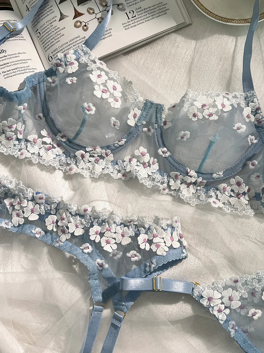 Blue Cherry Blossoms Sheer Lace Lingerie Set