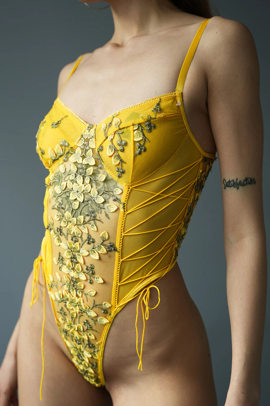 Yellow Floral Embroidered Bodysuit