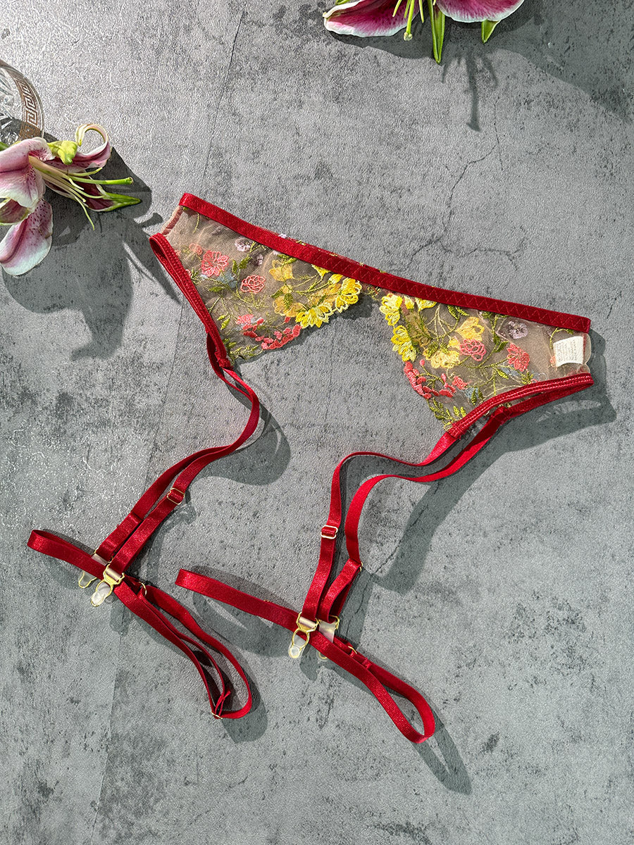 Wine Red Embroidery Lingerie Set & Bra & Panty & Garter