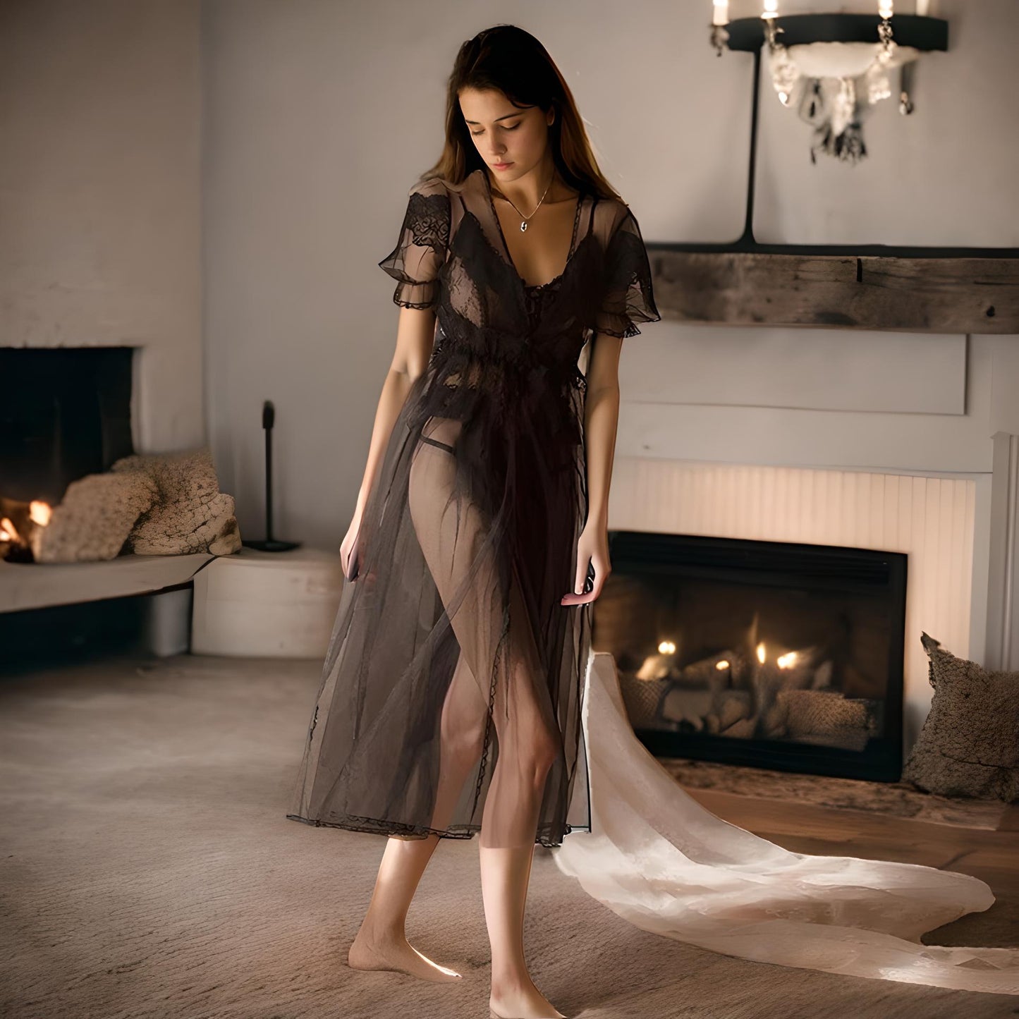 Black Transparent Nightgown + Robe Set Classy