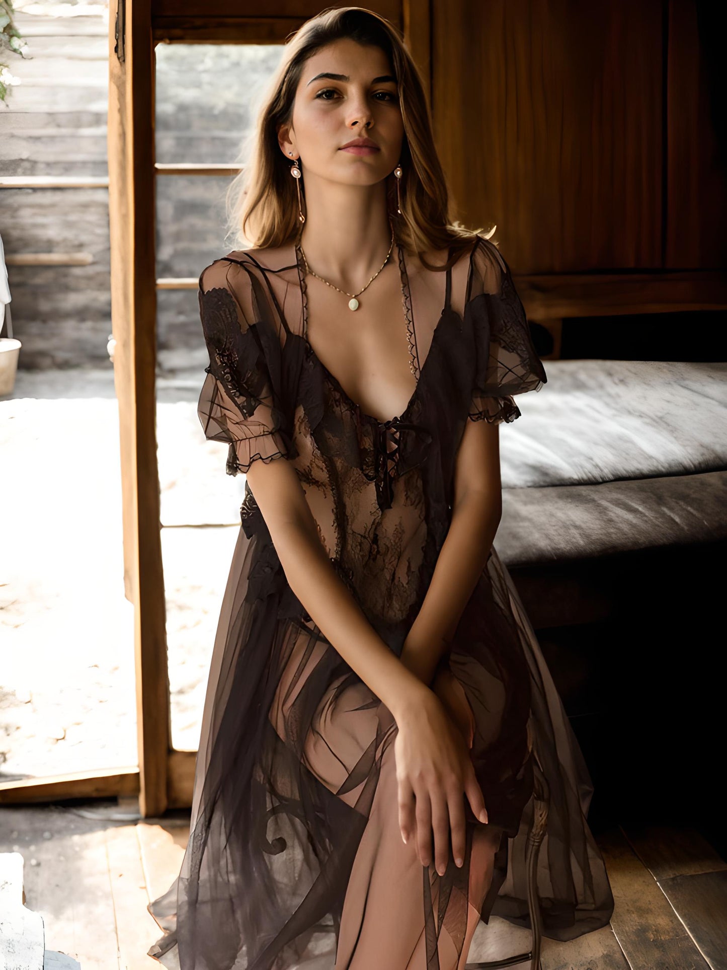 Black Transparent Nightgown + Robe Set Classy