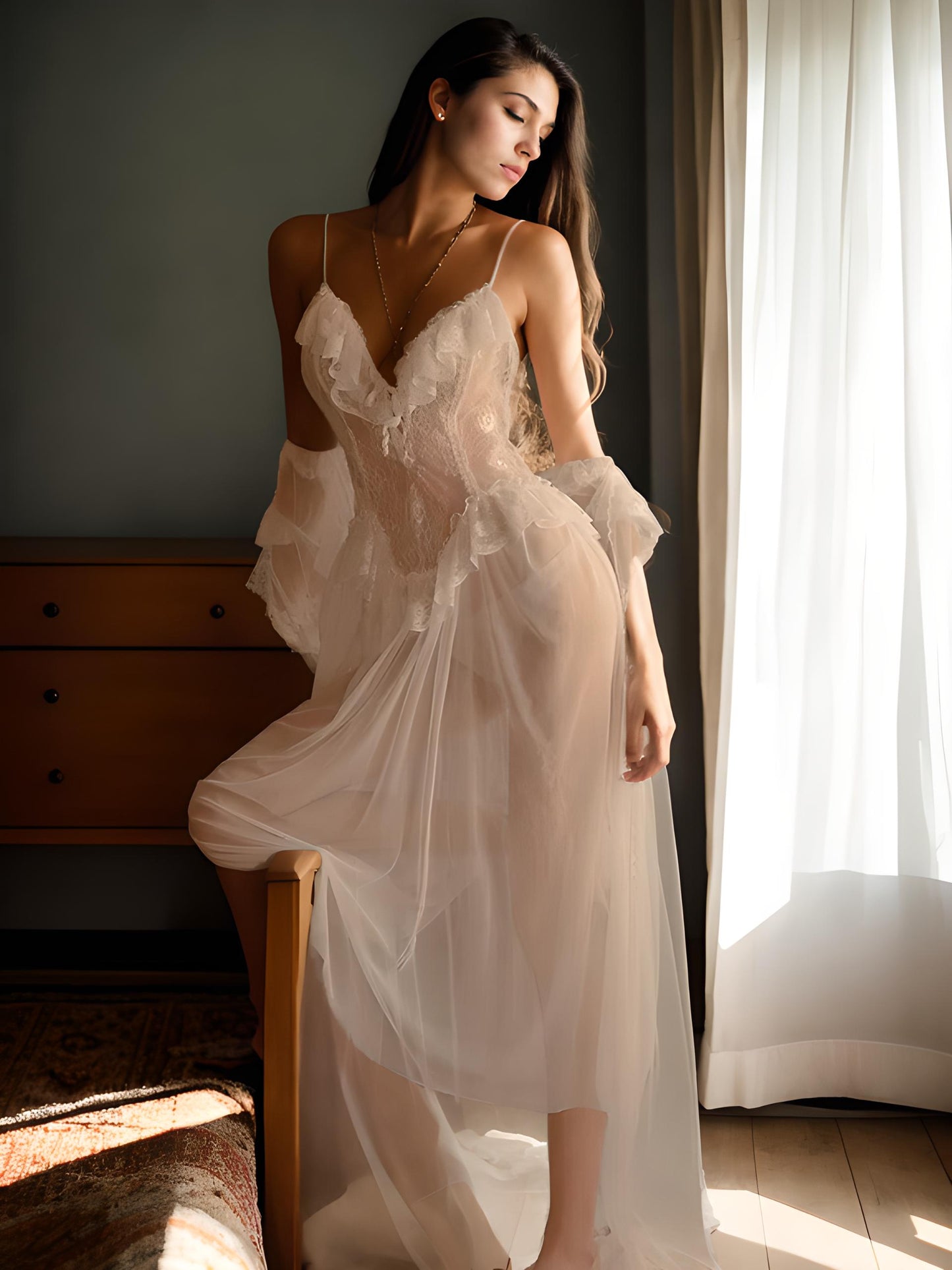 White Transparent Nightgown&Robe Set Classy