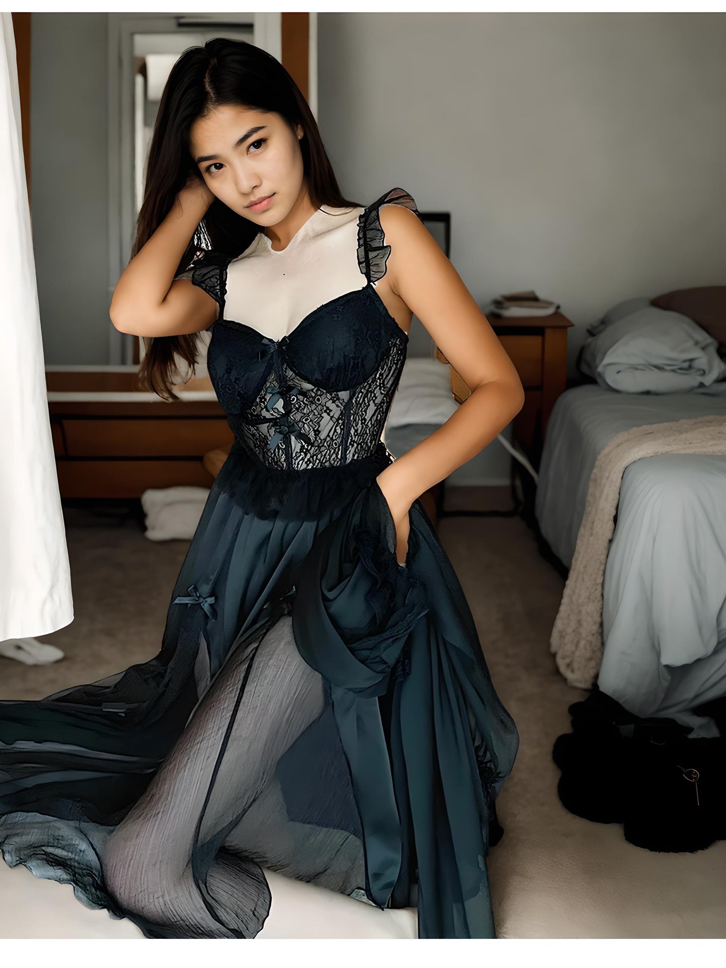 Embroidered Bow See Through Nightgown & Robe Set