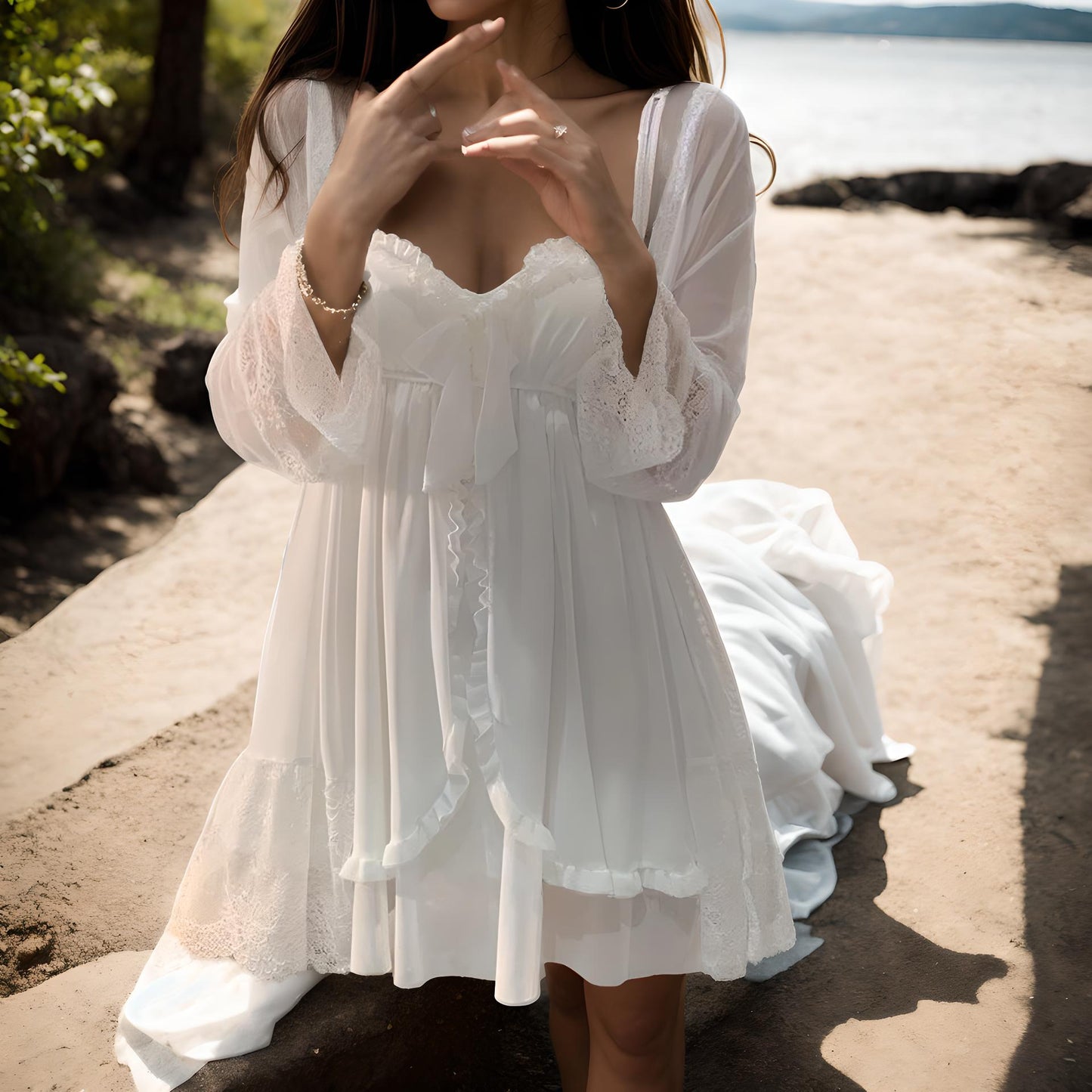 White&Black Lace Nightgown + Robe Set Classy