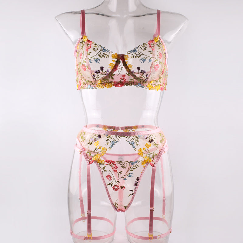 Pink Floral Embroidery Lingerie Set & Bra & Panty & Garter