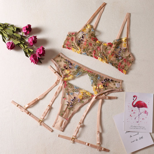 Beige Floral Embroidery Lingerie Set & Bra & Panty & Garter