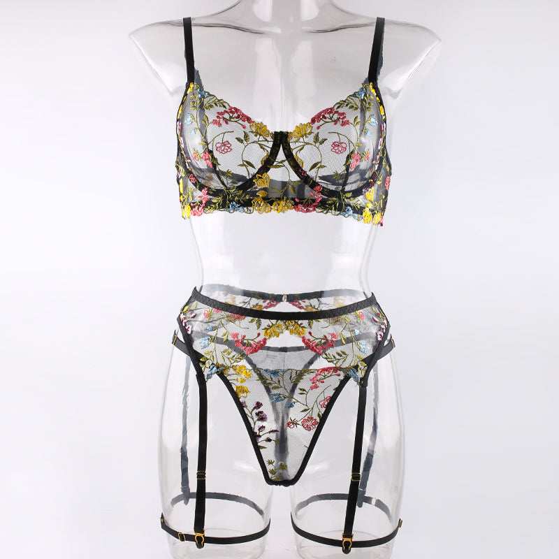 Black Floral Embroidery Lingerie Set & Bra & Panty & Garter