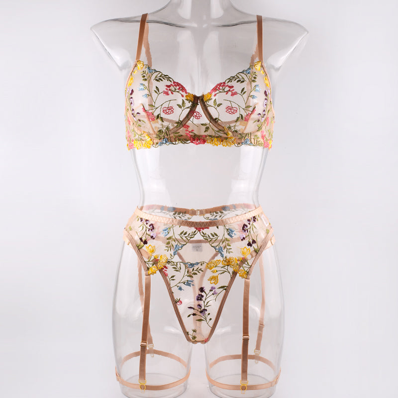 Beige Floral Embroidery Lingerie Set & Bra & Panty & Garter