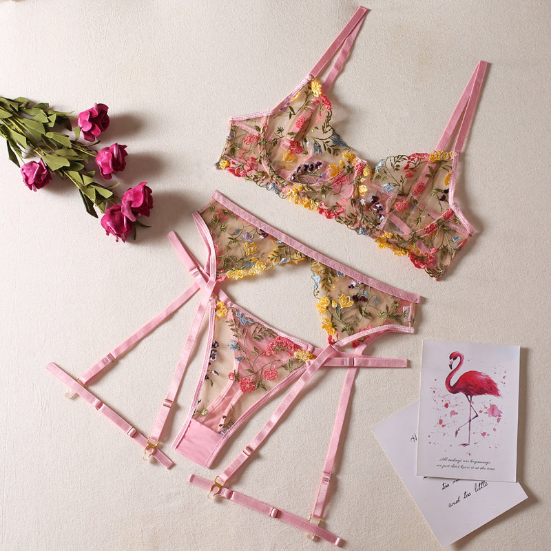 Pink Floral Embroidery Lingerie Set & Bra & Panty & Garter