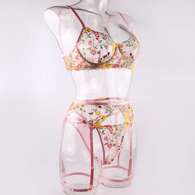 Pink Floral Embroidery Lingerie Set & Bra & Panty & Garter