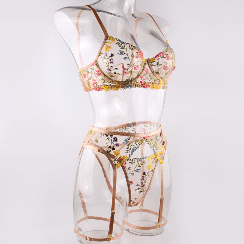 Beige Floral Embroidery Lingerie Set & Bra & Panty & Garter