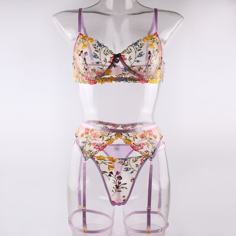 Purple Floral Embroidery Lingerie Set & Bra & Panty & Garter