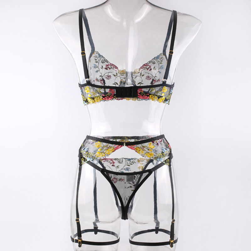 Black Floral Embroidery Lingerie Set & Bra & Panty & Garter