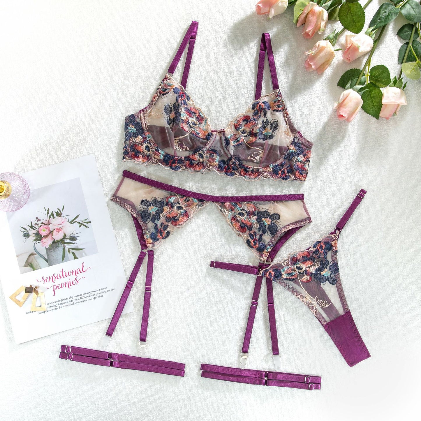 Purple Floral Embroidery Bra & Panty & Garter Set