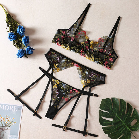 Black Floral Embroidery Lingerie Set & Bra & Panty & Garter