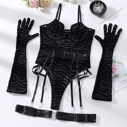 Gray Zebra Elegant Transparent Bodysuit with Gloves & Garter