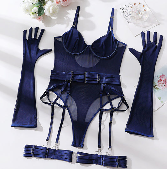 Blue Elegant Transparent Bodysuit with Gloves & Garter