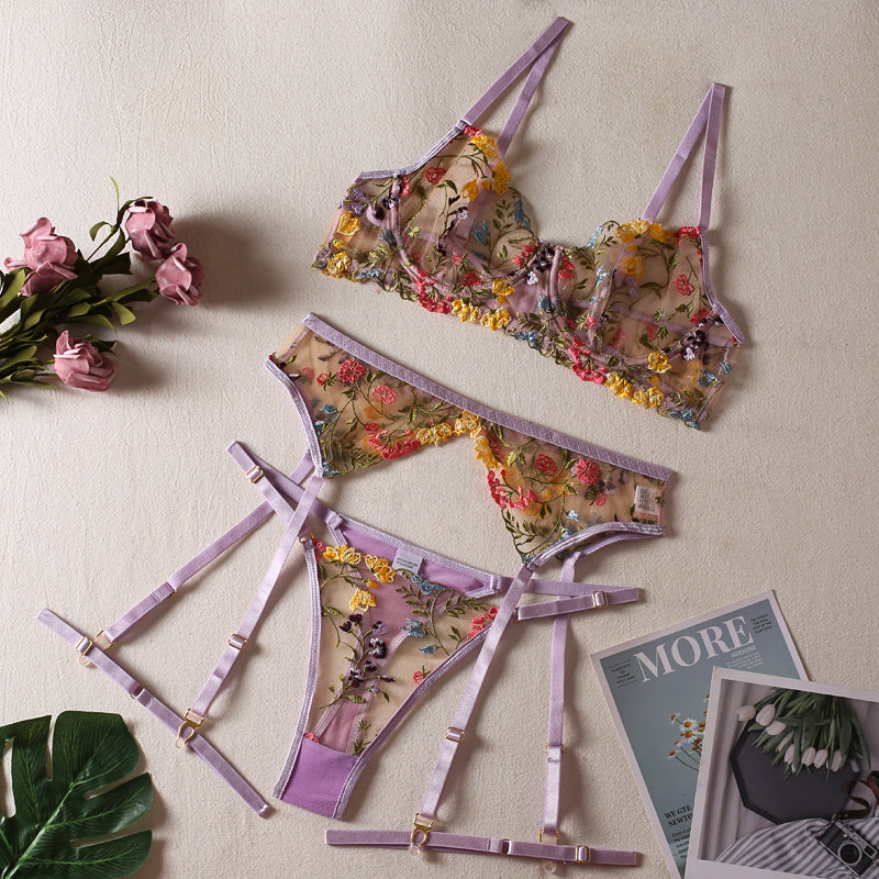 Purple Floral Embroidery Lingerie Set & Bra & Panty & Garter