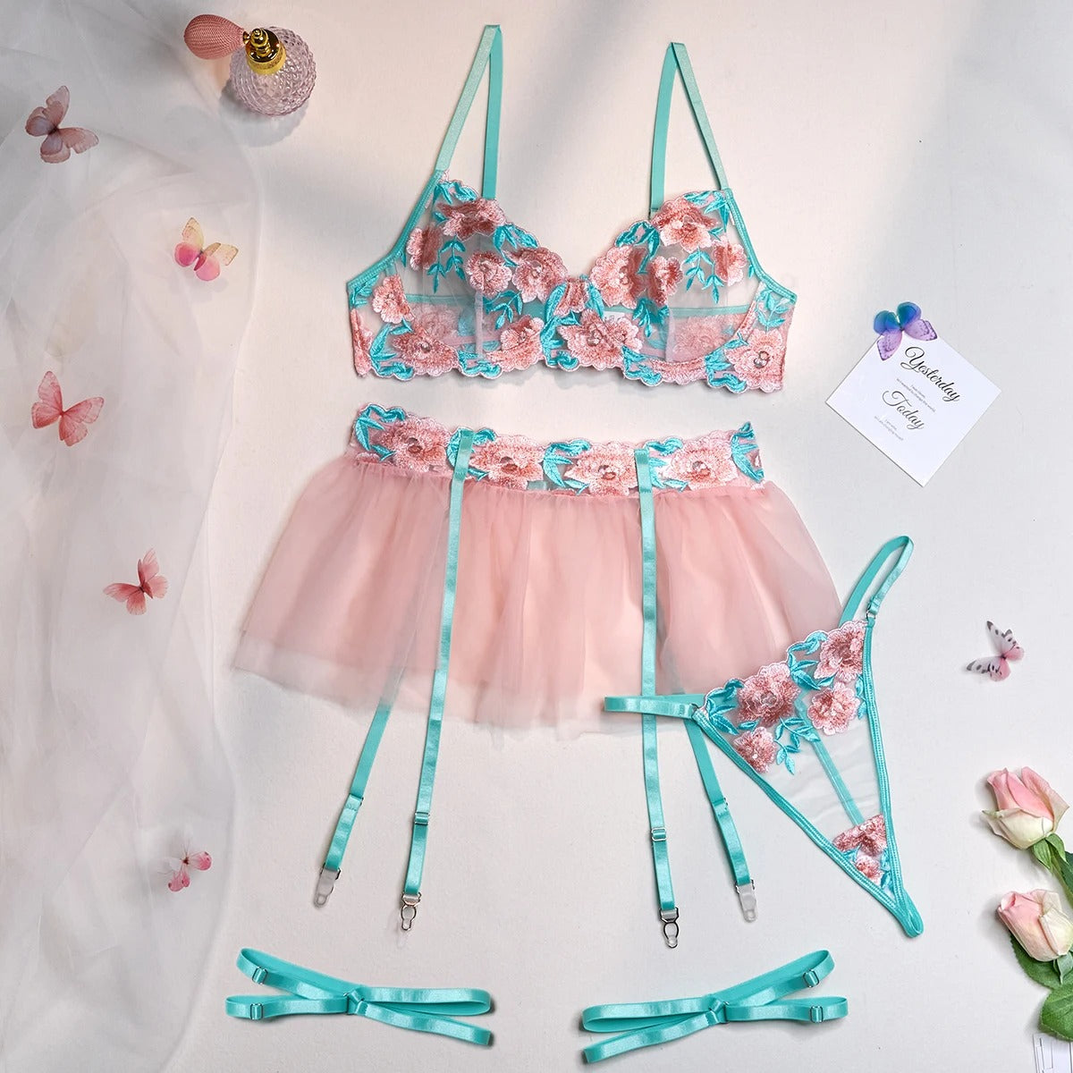 Kawaii 4 Pieces Floral Embroidery Lingerie Set