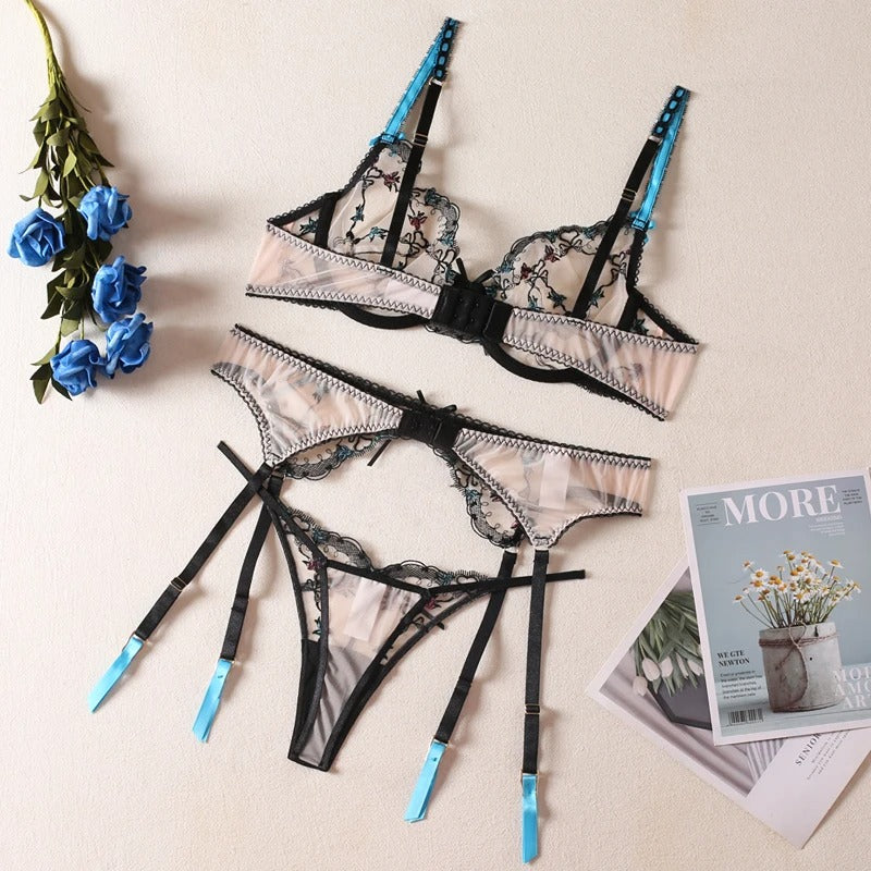 Little Bird Sheer Lingerie Set & Bra & Panty & Garter