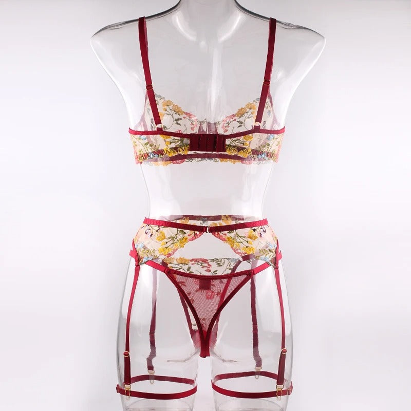 Red Floral Embroidery Lingerie Set & Bra & Panty & Garter