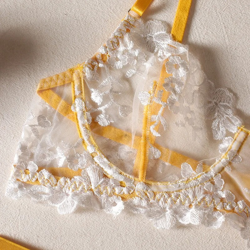 Yellow Floral Bra and Panty & Garter Set