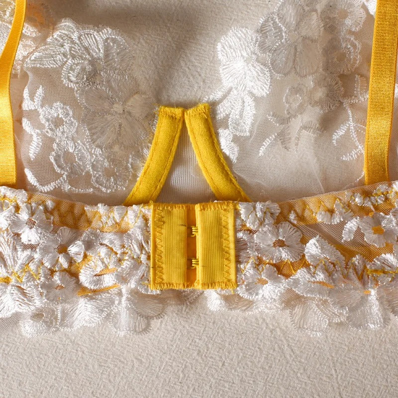 Yellow Floral Bra and Panty & Garter Set