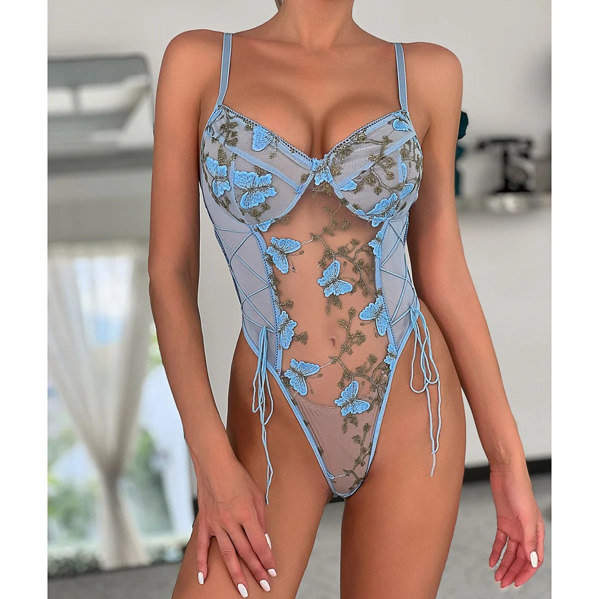 Sky Blue Butterfly Embroidered Bodysuit