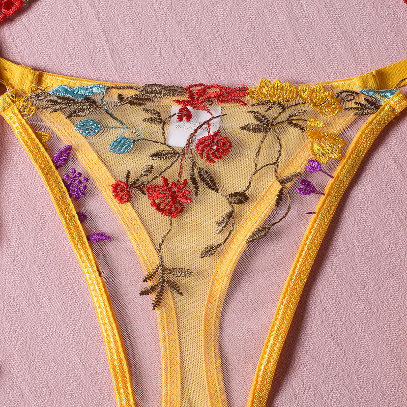 Yellow Floral Embroidery Lingerie Set & Bra & Panty & Garter