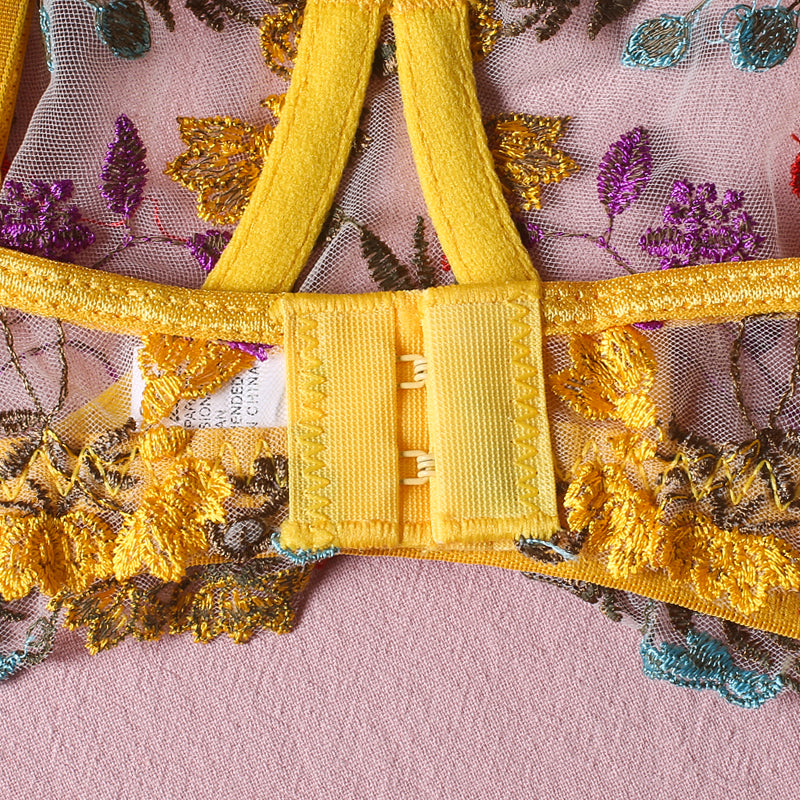 Yellow Floral Embroidery Lingerie Set & Bra & Panty & Garter