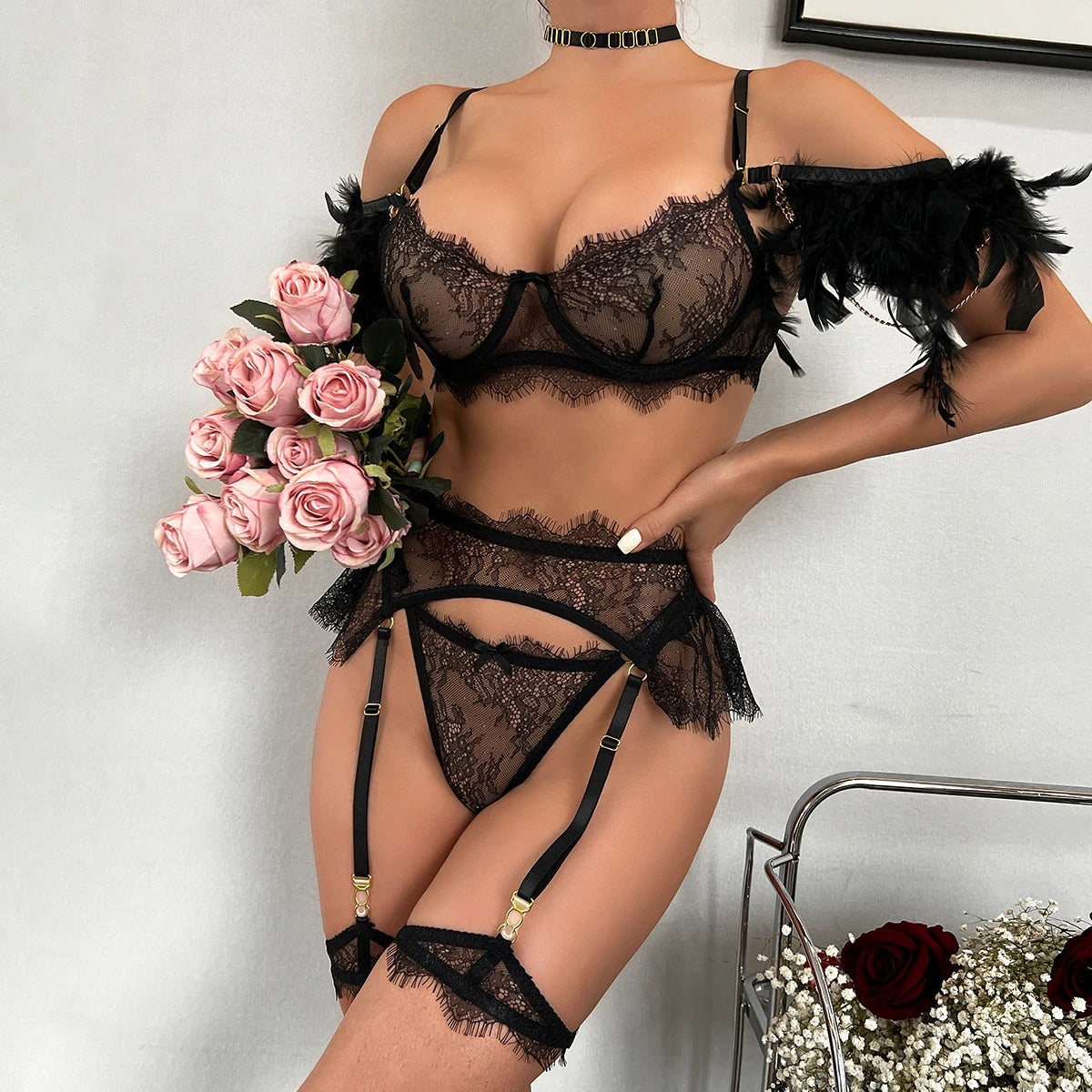 Black Feathered See Through Bra & Panty & Garter Set