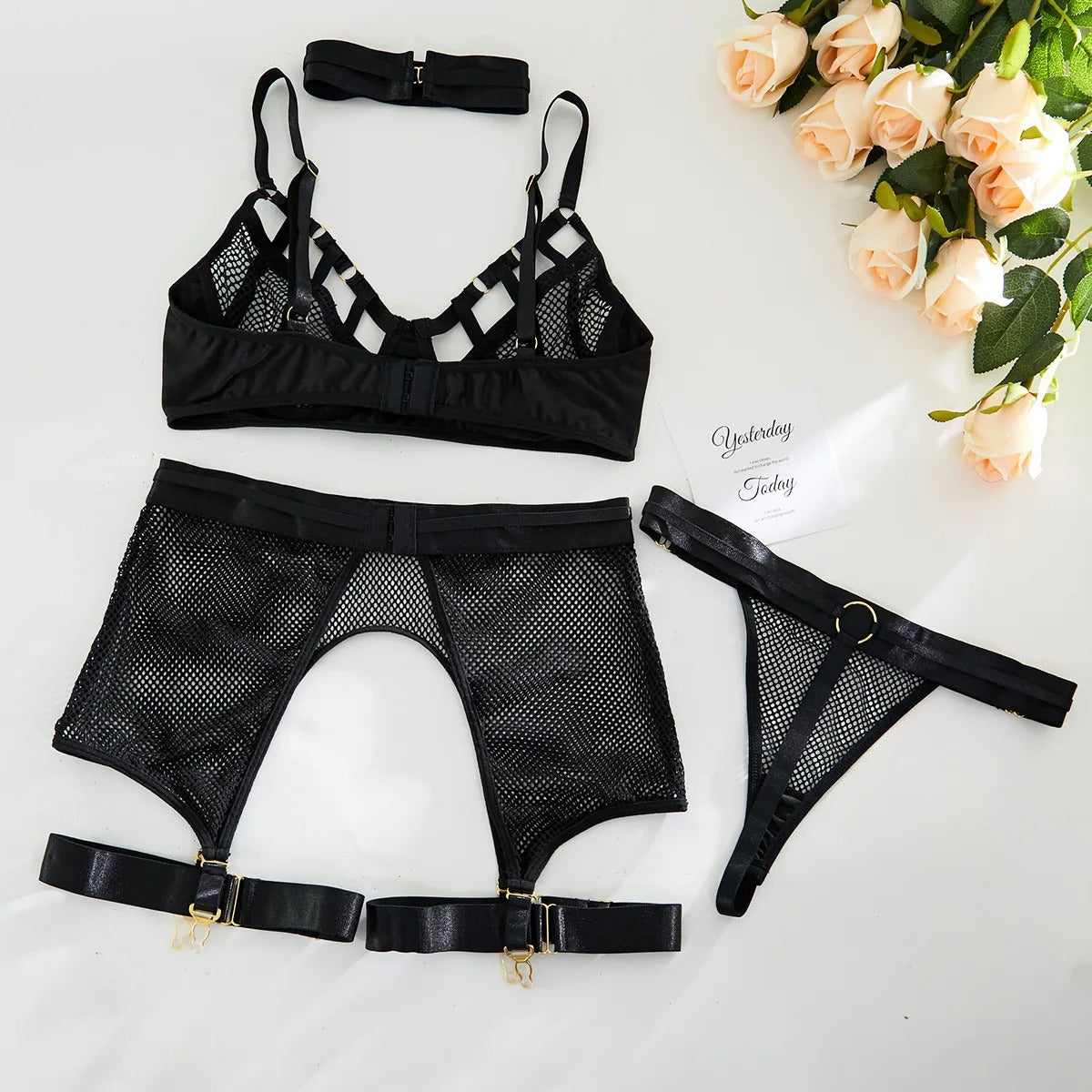 Black Hollow Out Bra & Panty & Garter & Choker Set