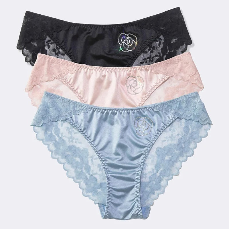 Flower-Shaped Shining Stone Embroidery Satin Panties