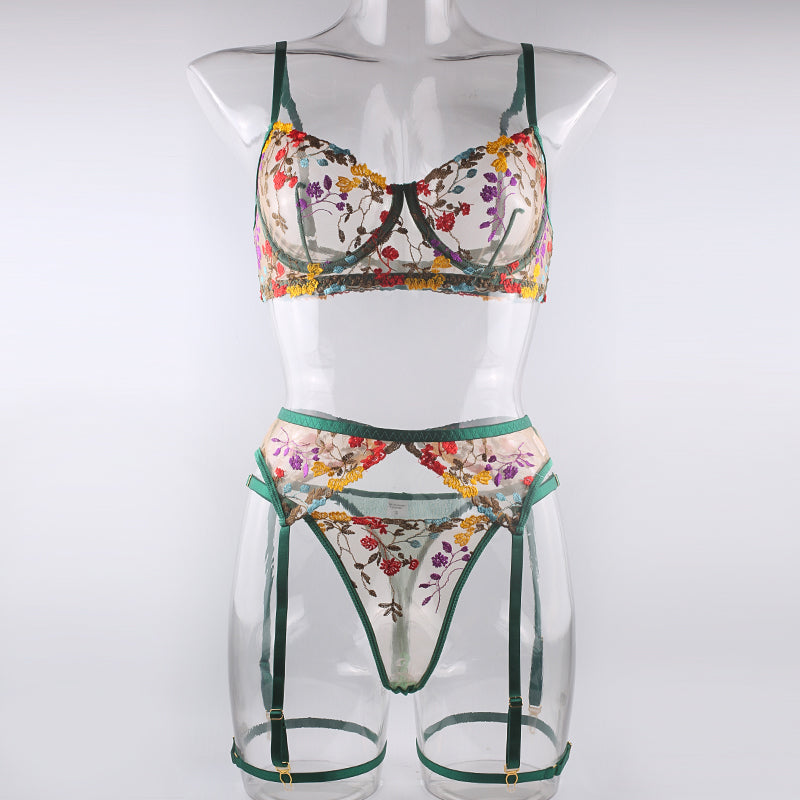 Green Floral Embroidery Lingerie Set & Bra & Panty & Garter