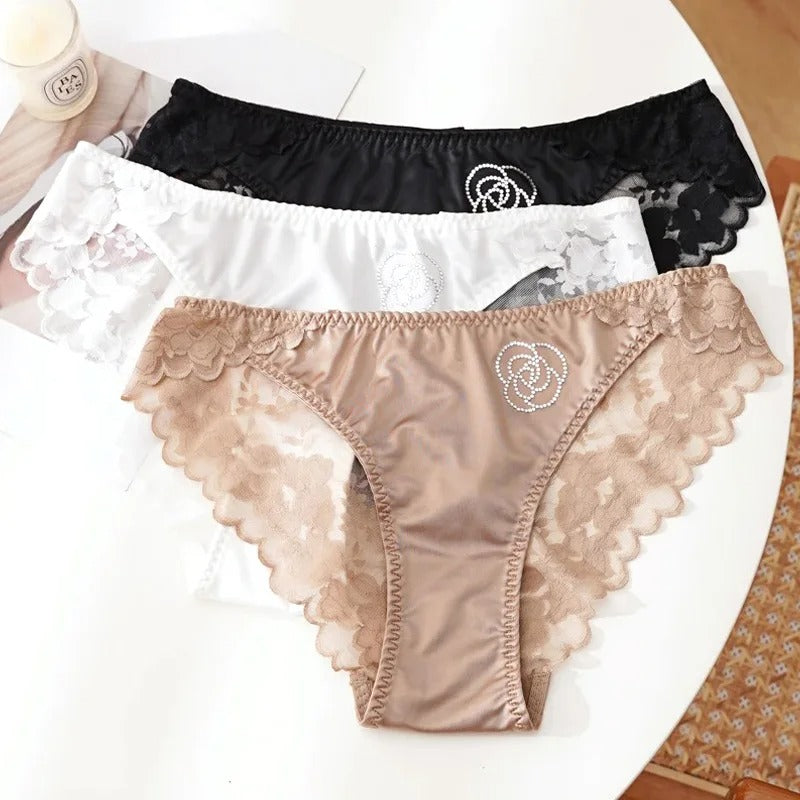 Flower-Shaped Shining Stone Embroidery Satin Panties