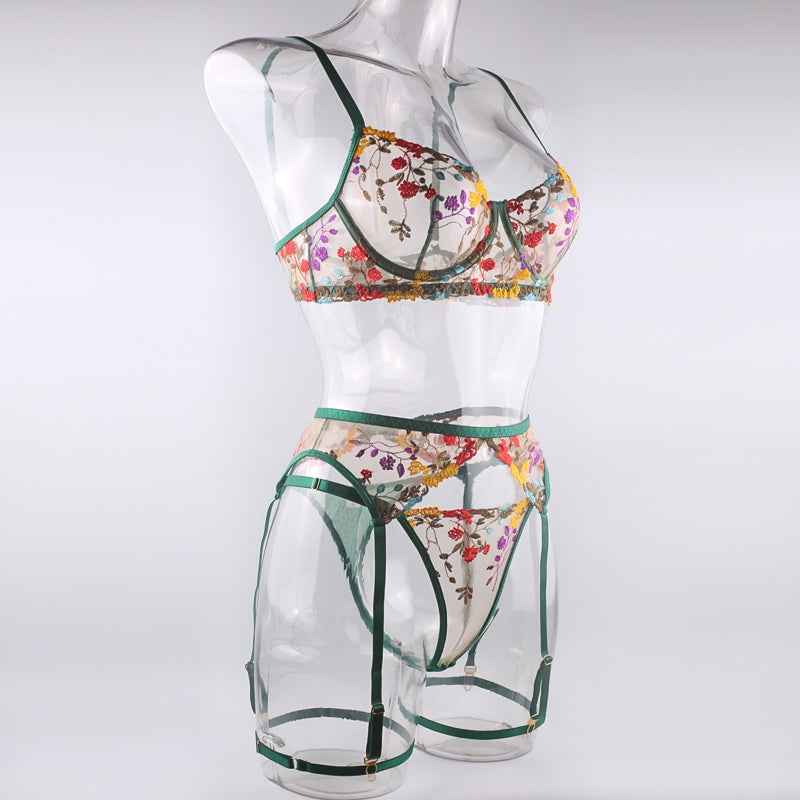 Green Floral Embroidery Lingerie Set & Bra & Panty & Garter