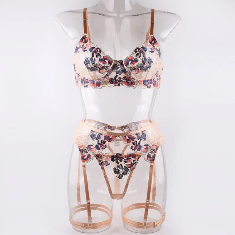 Beige Floral Embroidery Bra & Panty & Garter Set