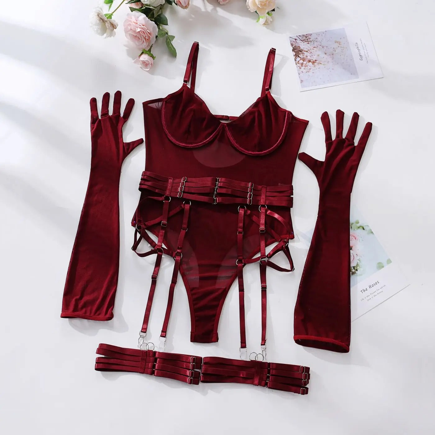 Body Transparent Élégant Rouge avec Gants et Jarretière